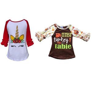 2 Pieces Girls Holiday Top Turkey Table Thanksgiving Party Holiday Tee T-Shirt